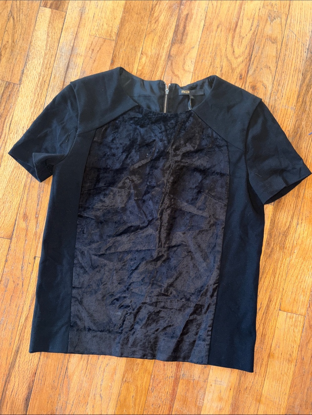 Maje Black Short-Sleeve Velvet-Front Shirt